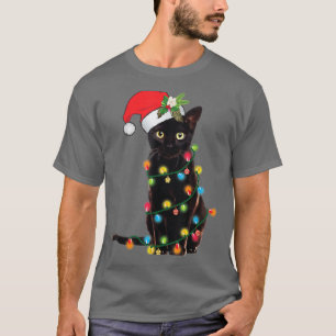 T-shirt Père Noël Chat Noir Tangé Dans La Lumière De L'Arb