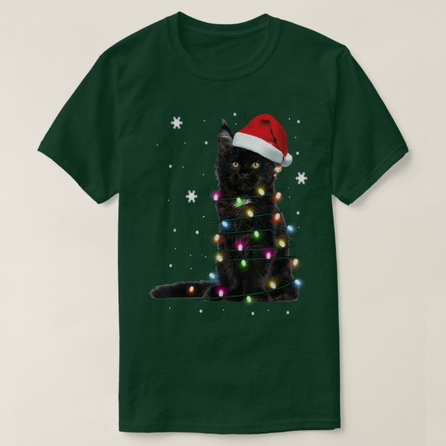 T-shirt Père Noël Chat Noir Tangé Dans La Lumière De L'Arb (Design devant)