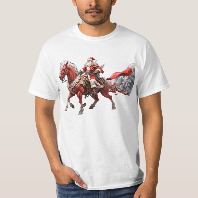 T-shirt Père Noël cheval rouge avec épée dans la hanche (Devant)