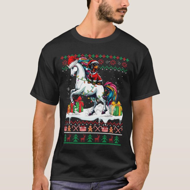 T-shirt Père Noël Dachshund Riding Unicorn Sweater L (Devant)