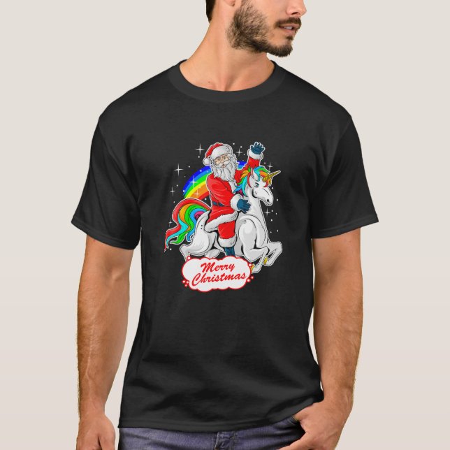T-shirt Père Noël de Noël équitation Unicorn, Mignons Noël (Devant)