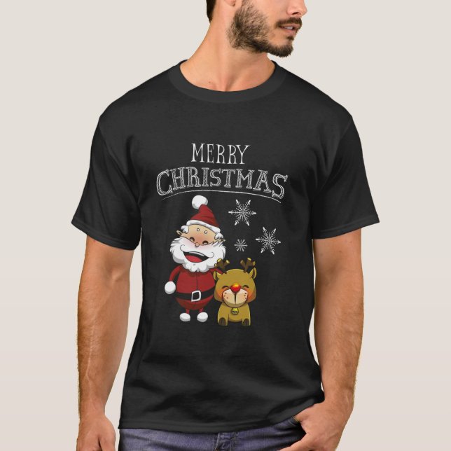 T-shirt Père Noël drôle et cerf mignonne joyeux visage de  (Devant)