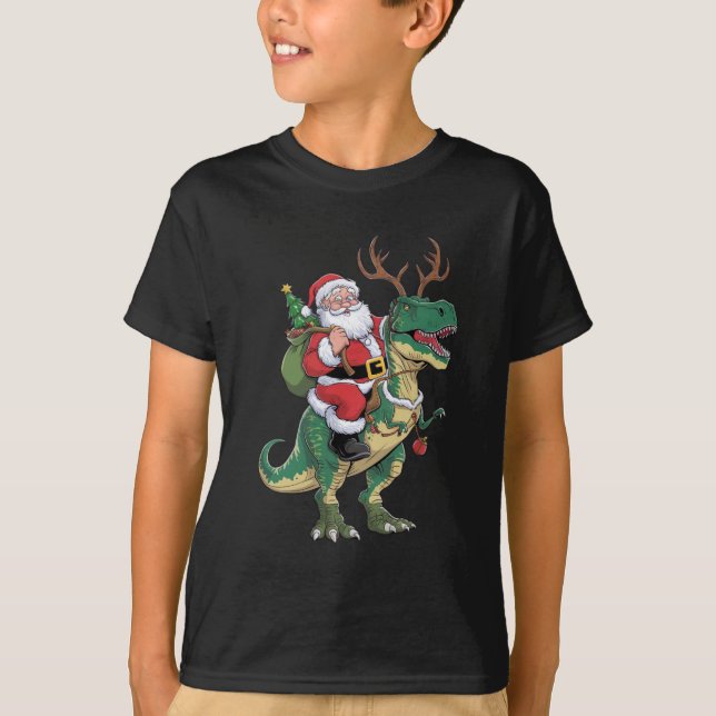 T-shirt Père Noël équitation Dinosaur T-Rex Noël Escadron  (Devant)
