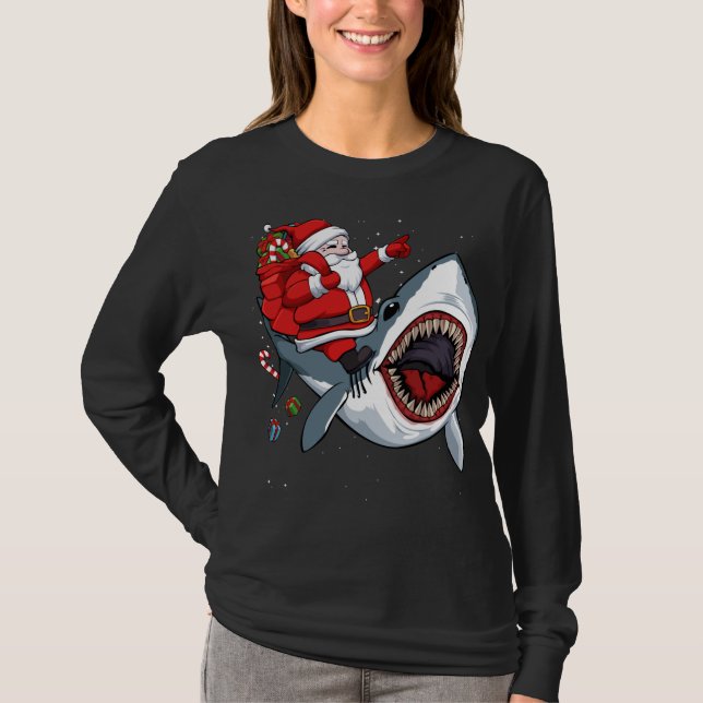 T-shirt Père Noël équitation requin Noël Pyjama mignonne O (Devant)