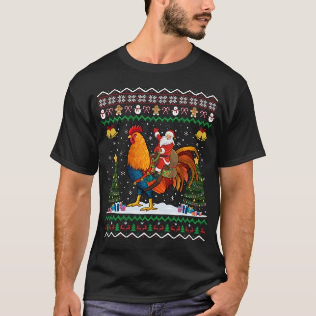 T-shirt Père Noël équitation Rooster Noël Funny Rooster (Devant)