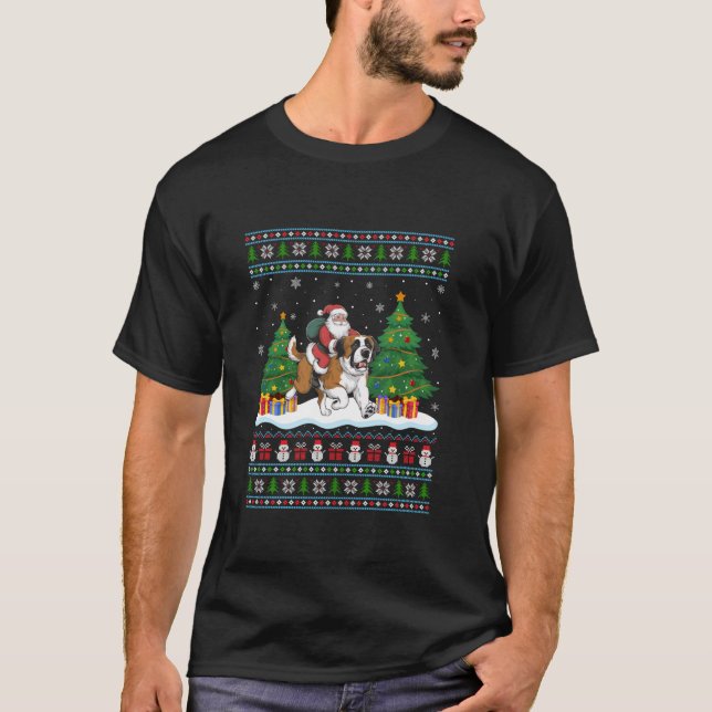 T-shirt Père Noël équitation Saint Bernard Dog Tree éclair (Devant)