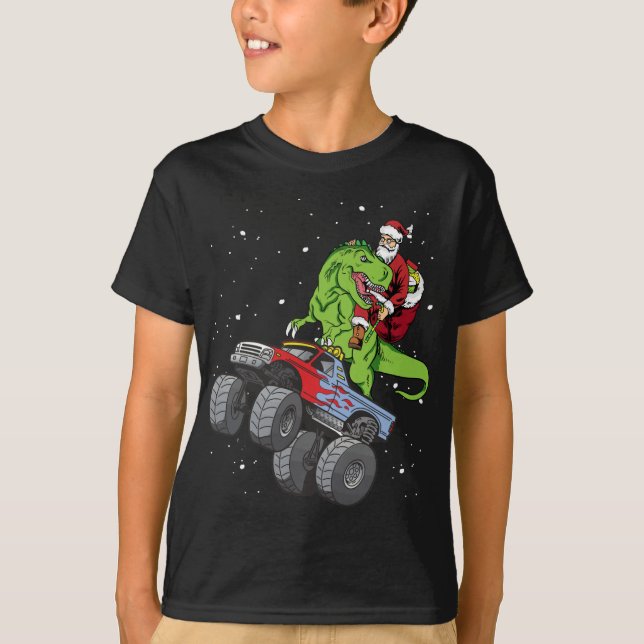 T-shirt Père Noël équitation T Rex Dinosaur Monster Camion (Devant)