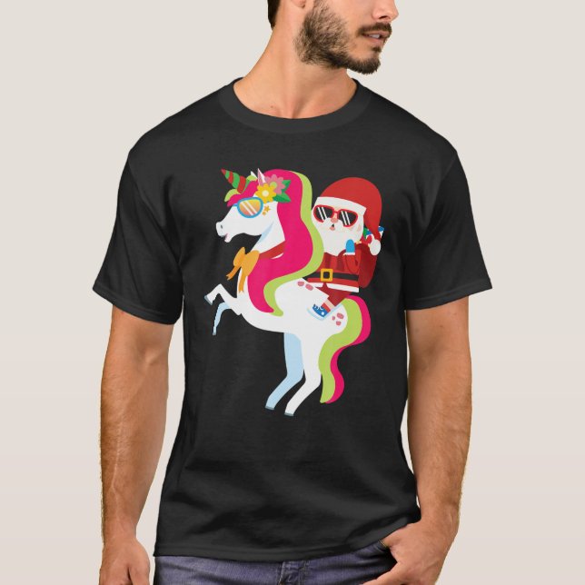 T-shirt Père Noël équitation Unicorn drôle mignonne fille  (Devant)