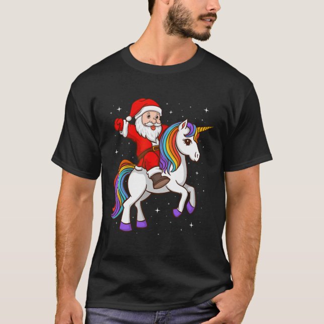 T-shirt Père Noël équitation Unicorn Mystical Animal Xmas  (Devant)