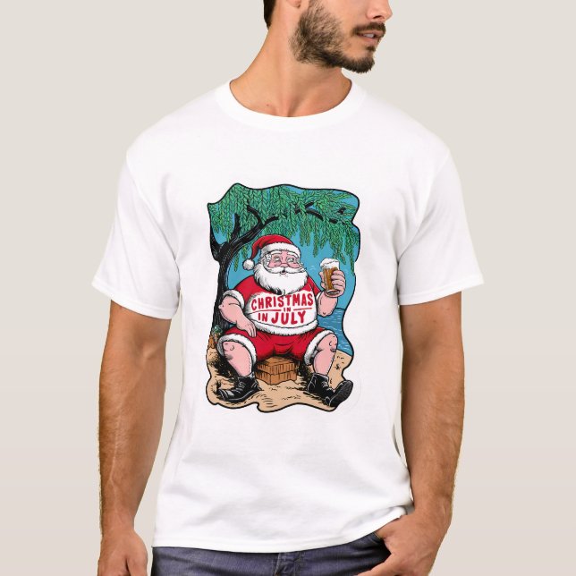 T-shirt Père Noël Festive Appréciant La Bière Sous Arbre (Devant)
