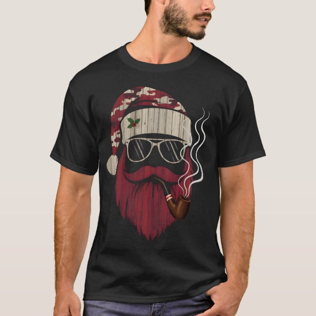 T-shirt Père Noël Hipster Fumant la Pipe (Devant)