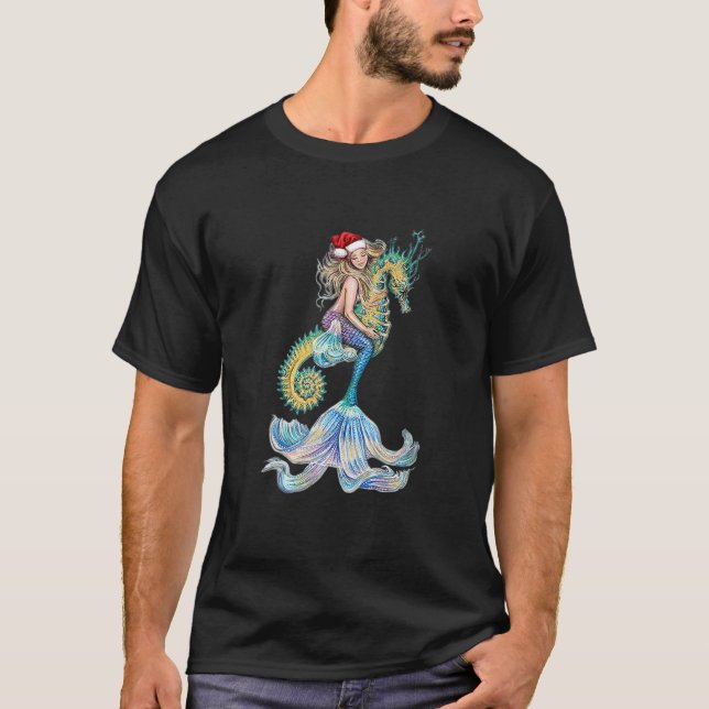 T-shirt père Noël Mermaid Ride Sehorse Noël Noël Père Noël (Devant)