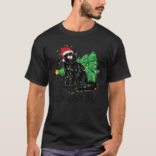 T-shirt Père Noël Noir Chat Feux d'Arbre de Noël Lumières
