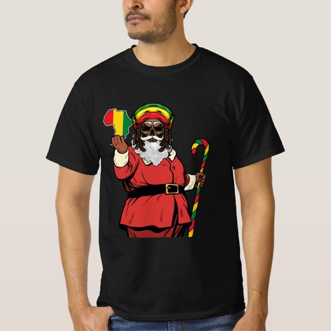 T-shirt Père Noël noir Rasta Casquette Noël Rastafarian (Devant)