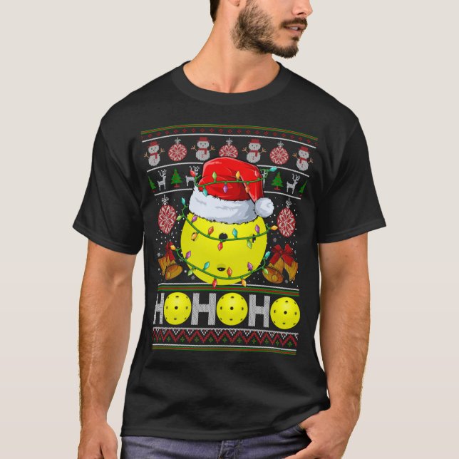 T-shirt Père Noël Pickball Ball Christmas Tree Light Ugly  (Devant)