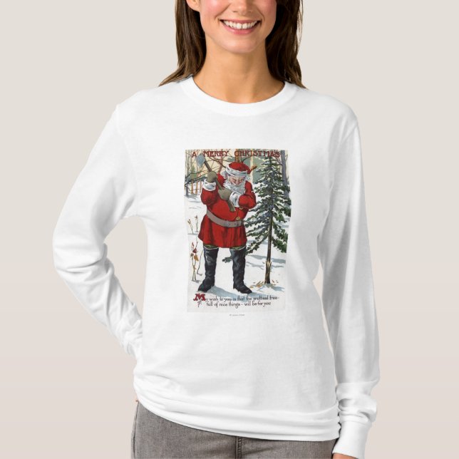 T-shirt Père Noël réduisant l'arbre de Noël (Devant)