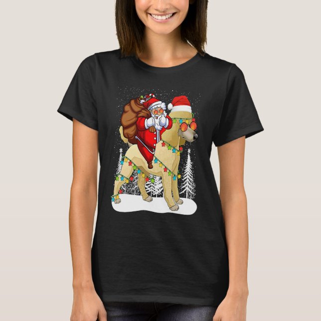 T-shirt Père Noël Riding Poodle Chien avec Casquette Claus (Devant)