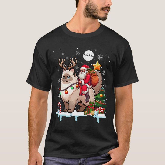 T-shirt Père Noël Riding Reindeer Himalayan Chat Xmas Tree (Devant)