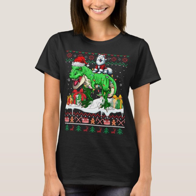 T-shirt Père Noël Samoyed équitation T-rex Apprentis (Devant)