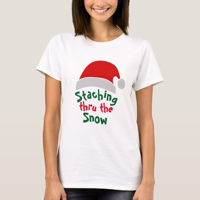 T-shirt Père Noël Staching Thru La Neige : Noël Drôle (Devant)