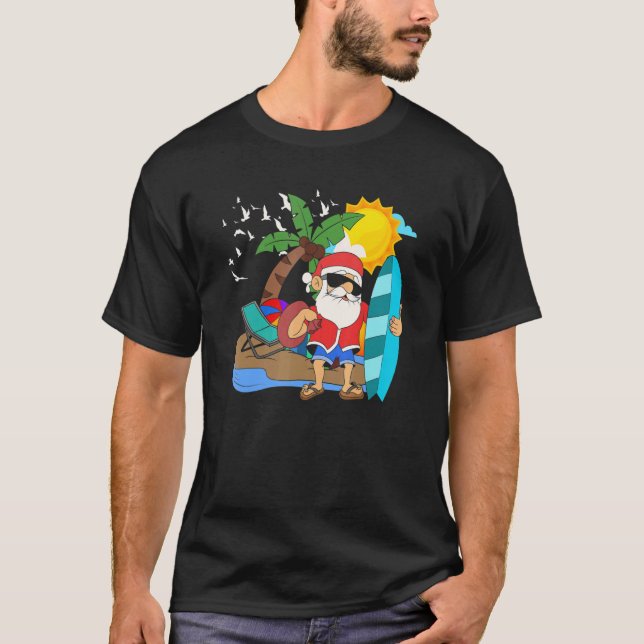 T-shirt Père Noël Surfing Hawaii Vacances D'Été Noël En (Devant)