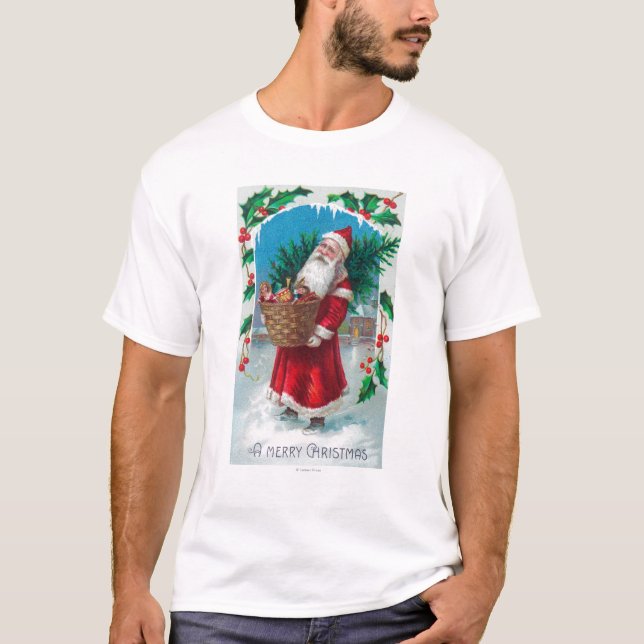 T-shirt Père Noël tenant le panier de la scène de jouets (Devant)