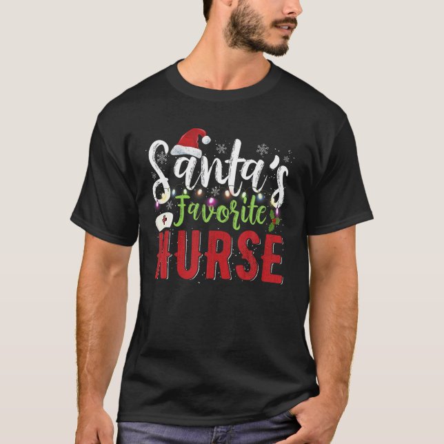 T-shirt Père Noël's Favori Nurse Xmas Lumière Santa Chapea (Devant)