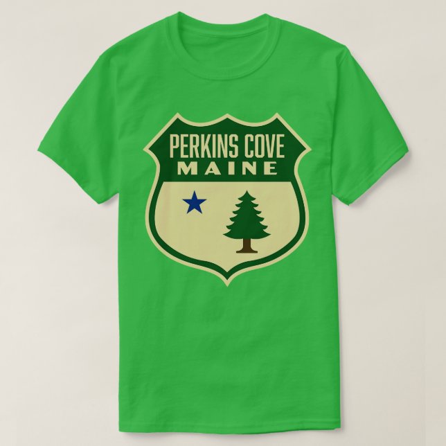 T-shirt Perkins Cove Maine Retro Pine Tree Shield Vert (Design devant)