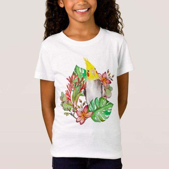 T-Shirt Perroquet de Corella mignonne en plantes tropicaux (Devant)