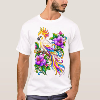 T-shirt Perroquet Fantastique Coloré avec Fleurs Tropicale
