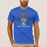 T-shirt Persian Magen David Menorah<br><div class="desc">Cette image a été adaptée à partir d'un carrelage juif perse antique et présente une menorah avec un Magen David (Étoile de David) encadré de branches d'olivier. Les imperfections de l'image originale peinte à la main ont été conservées.</div>