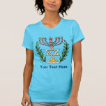 T-shirt Persian Magen David Menorah<br><div class="desc">Cette image a été adaptée à partir d'un carrelage juif perse antique et présente une menorah avec un Magen David (Étoile de David) encadré de branches d'olivier. Les imperfections de l'image originale peinte à la main ont été conservées.</div>