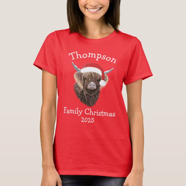 T-shirt Personalised Family Christmas Highland Cow (Devant)
