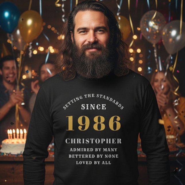 T-shirt Personalized 40th Birthday 1986 Add Name (Born 1986 long sleeve birthday t-shirt. Party background out of focus.)