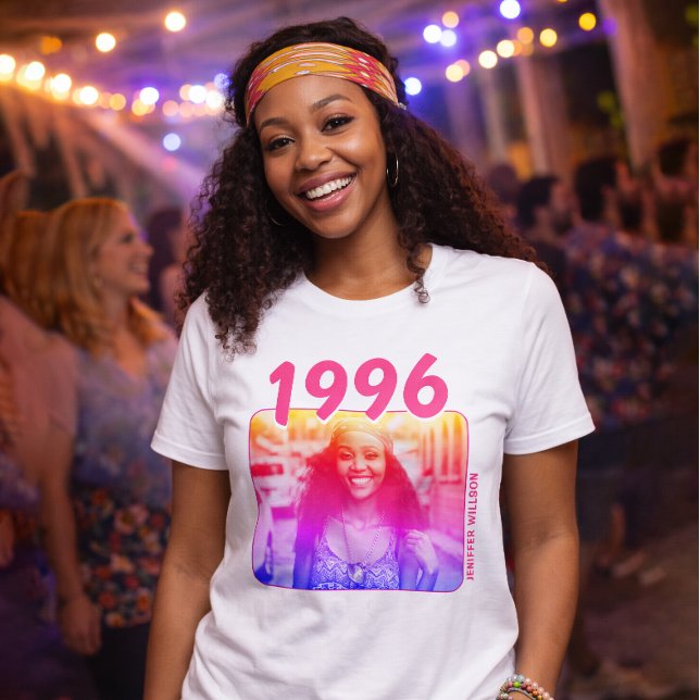 T-shirt Personalized 90s Birthday Shirt, Neon Pink Photo (Personalized 90s Birthday Shirt, Neon Pink Photo T-Shirt)