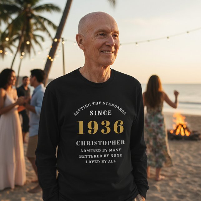 T-shirt Personalized 90th Birthday 1936 Add Name (Born 1936 long sleeve t-shirt. Beach background.)