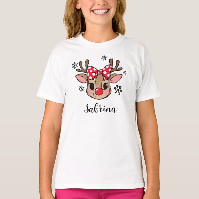 T-shirt Personalized Cute Girl Reindeer Red Bow Christmas (Devant)