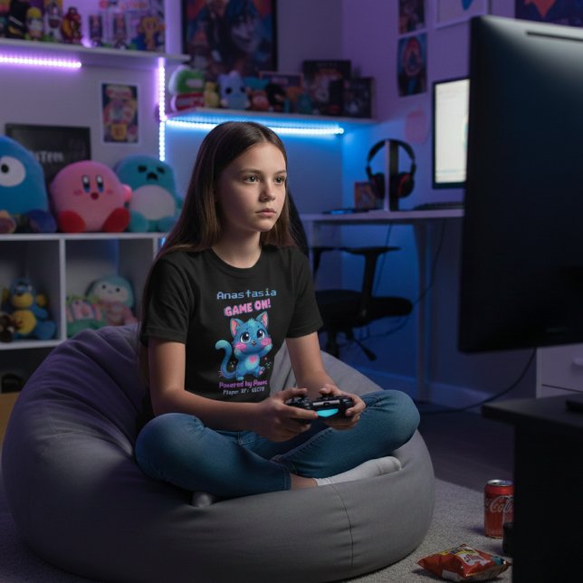 T-shirt Personalized Cute Pixel Art Blue Cat "Game On" (Créateur téléchargé)