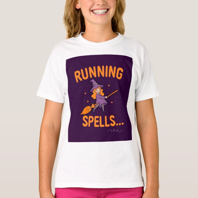 T-shirt Personalized Cute Witch Running Spells  (Devant)