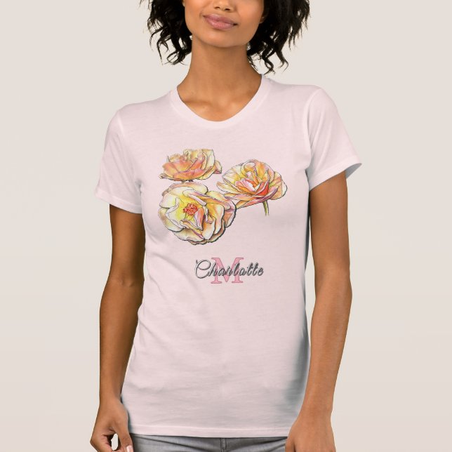 T-shirt Personalized Floral Monogram Hand Drawn Roses Art (Devant)