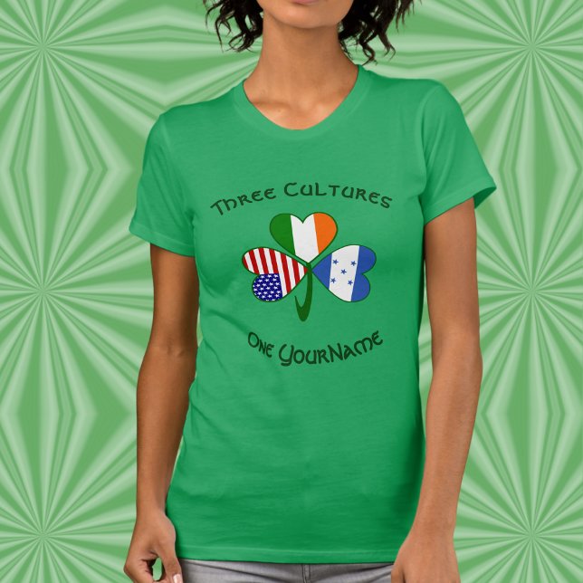 T-shirt Personalized Honduras Ireland USA Shamrock Women’s (Personalized women’s tee with shamrock featuring Honduras, Ireland, & USA flags for blended heritage)