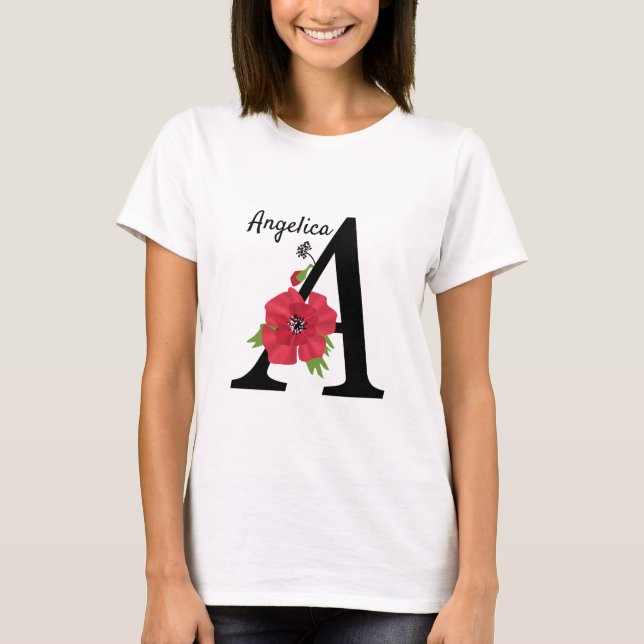 T-shirt Personalized monogram editable A text red flower f (Devant)