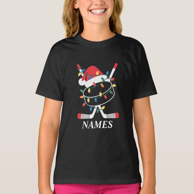 T-shirt Personalized Name Christmas Hockey Xmas Santa Hat (Devant)