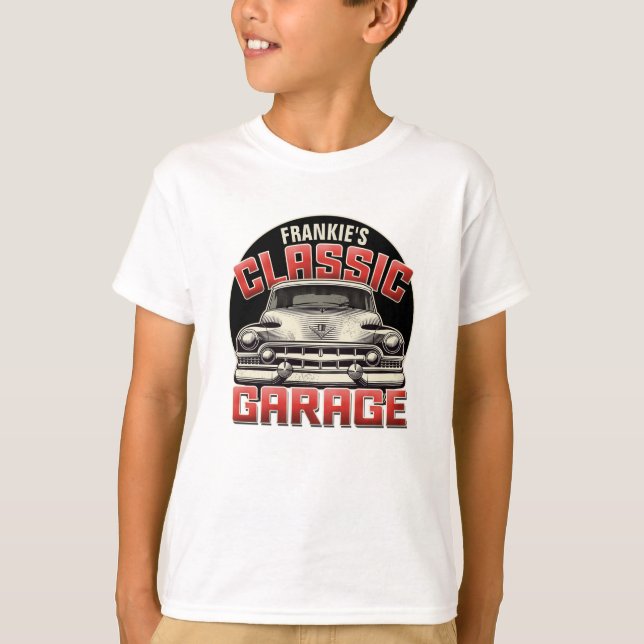 T-shirt PERSONALIZED NAME Classic Car Garage Custom Shop (Devant)