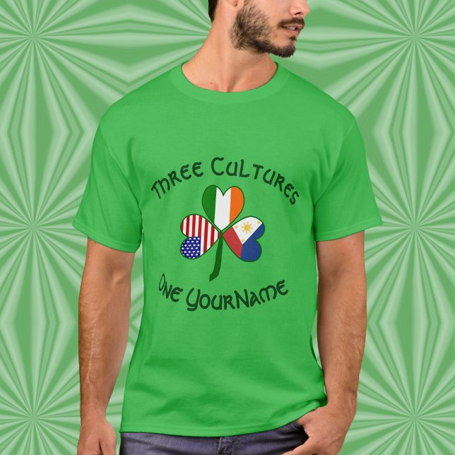 T-shirt Personalized Philippines Ireland USA Shamrock Men (Men’s t-shirt featuring a personalized Philippines‑Ireland‑USA Three Cultures shamrock.)