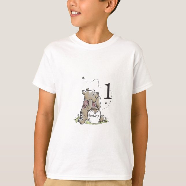 T-shirt Personalized Pooh Watercolor First Birthday Baby  (Devant)