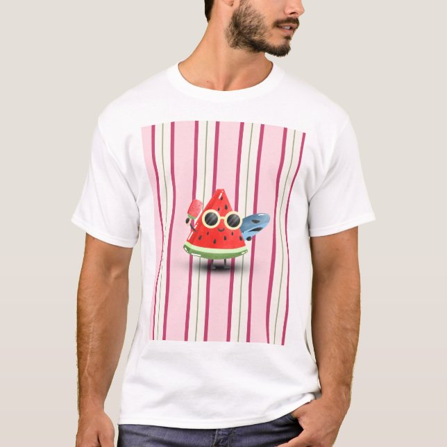 T-shirt Personnage Pastèque Fraîche Rayure Art d'Été (Devant)