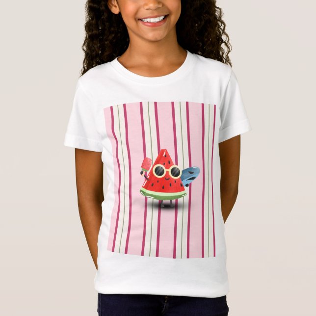 T-Shirt Personnage Pastèque Fraîche Rayure Art d'Été (Devant)
