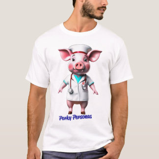 T-shirt Personnages drôles de porc Porky. Infirmière