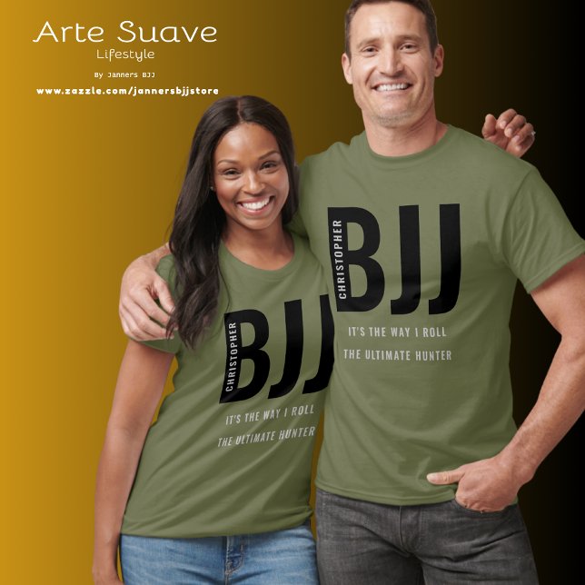 T-shirt Personnalisé BJJ brésilien Jiu Jitsu (BJJ personalized green t-shirt modelled by male and female couple.)